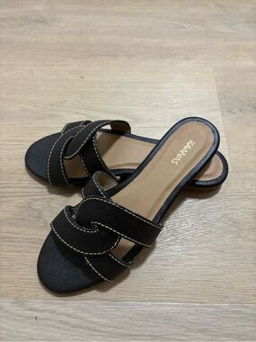 Kaanas Black Open-Toe Leather Slide Sandals with Contrast Stitching